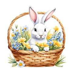 The rabbit is sitting in a basket with flowers, etc. Perfect for postcards, scrapbooking, blogs, social media and more