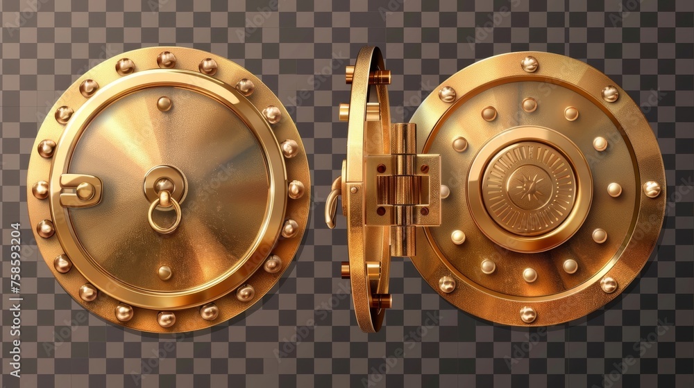 Poster round bank vault gate with lock with gold safe door. modern realistic set of 3d closed and open circ