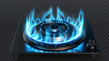 In an oven for cooking, a burning propane butane gas ring is isolated on a transparent background. Modern realistic mockup of a gas burner with a blue flame. - obrazy, fototapety, plakaty