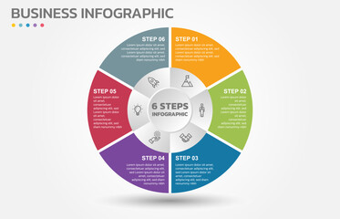 Visual data presentation. Cycle diagram with 6 options. Pie Chart Circle infographic template with 6 steps, options, parts, segments. Business concept. Marketing infographic vector illustration.