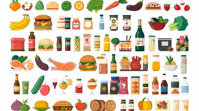 Food icons set. Vegetables, fruits, meat, fish, bakery, sweet confections, dairy, spirits, alcohol. Modern illustrations on white backdrop.