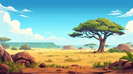 Fotobehang The savannah landscapes of Africa are not only beautiful but also wild in nature. This modern illustration depicts a panorama view of Kenya as well as mountains and plain grassland fields. There are © Mark