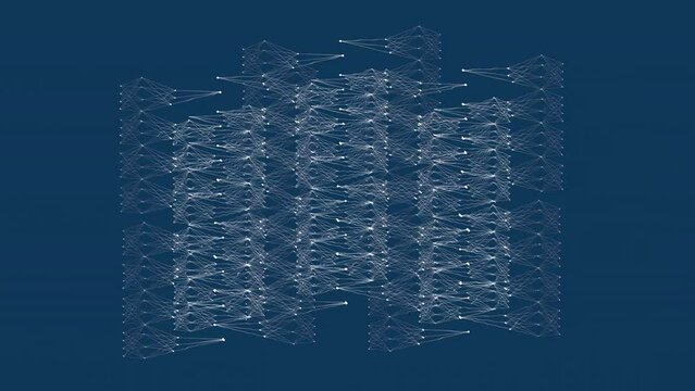 Simulation animation of a partial neural network of a Large Language Artificial Intelligence Model, SEAMLESS LOOP on blue background.