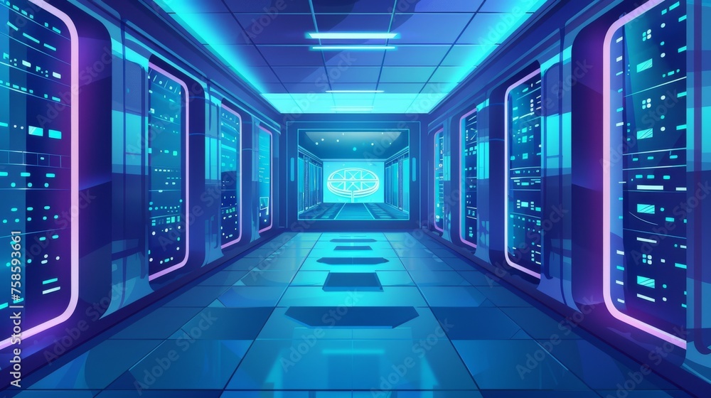 Poster data center interior with hologram of processor and server hardware. concept for bigdata technology,