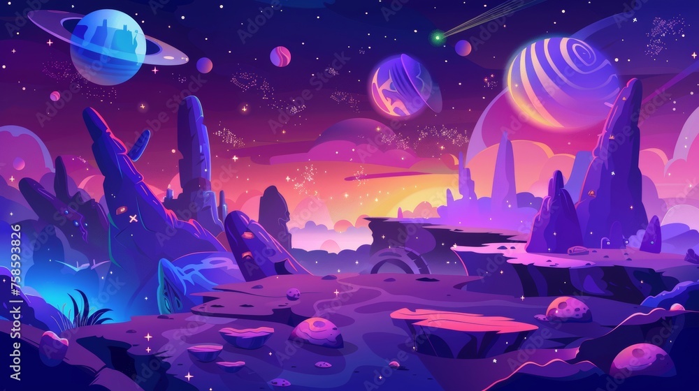 Poster space game level map with alien planets and spaceship, cartoon 2d gui landscape, computer or mobile 