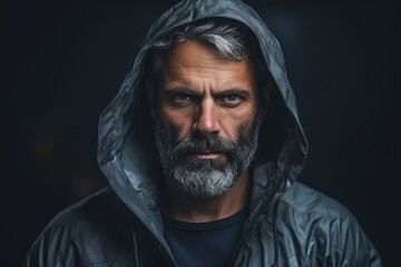 Portrait of a bearded man in a raincoat on a dark background.