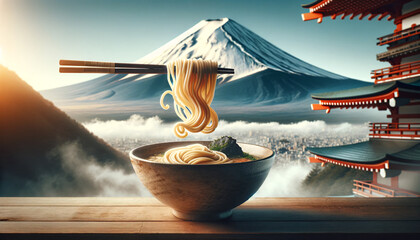 Dynamic image of a tilted ramen bowl and curved noodles held by chopsticks, floating in mid-air, with a beautifully blurred Mount Fuji in the backdrop. AI Generated.