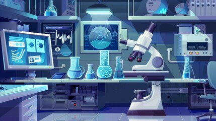 This cartoon illustration shows an empty cryonics laboratory with equipment and technics, including a cryo camera with a low temperature regime, a digital screen with graphs, a desk with a