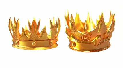 King or queen wearing gold crowns, crowning headdress, medieval emperor coronation symbol, isolated on white background. Realistic 3D modern illustration.