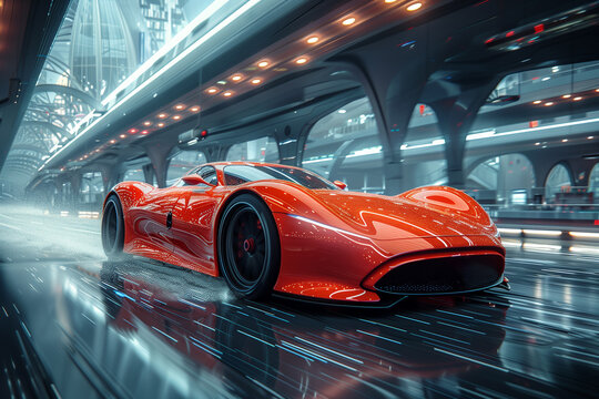 Car racing in the future city. Street racing video game.