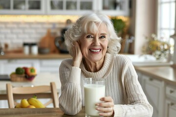 Portrait of a senior woman with a glass of milk. Beautiful elderly woman with a glass of milk. Senior woman drinking milk at home on kitchen