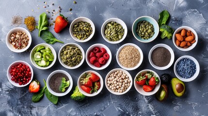 Fototapeta na wymiar Healthy food clean eating selection. Fruit, vegetable, seeds, superfood, cereal, leaf vegetable on gray concrete background. Top view.