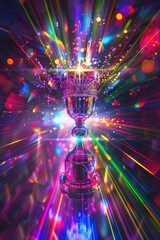 A holographic trophy effect, appearing to float with vibrant colors and light beams, perfect for VR experiences. 🏆🌈✨