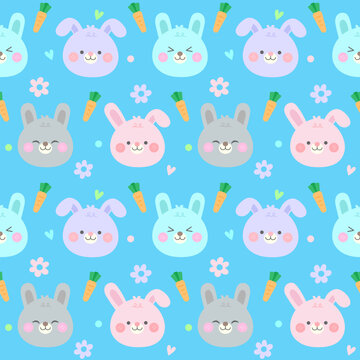 seamless kids pattern cute hand drawn bunny face in the garden blue background vector illustration