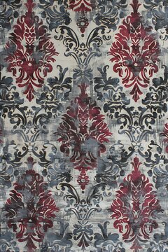 tapestry front view photo of woven damask pattern of Victorian style in classic color