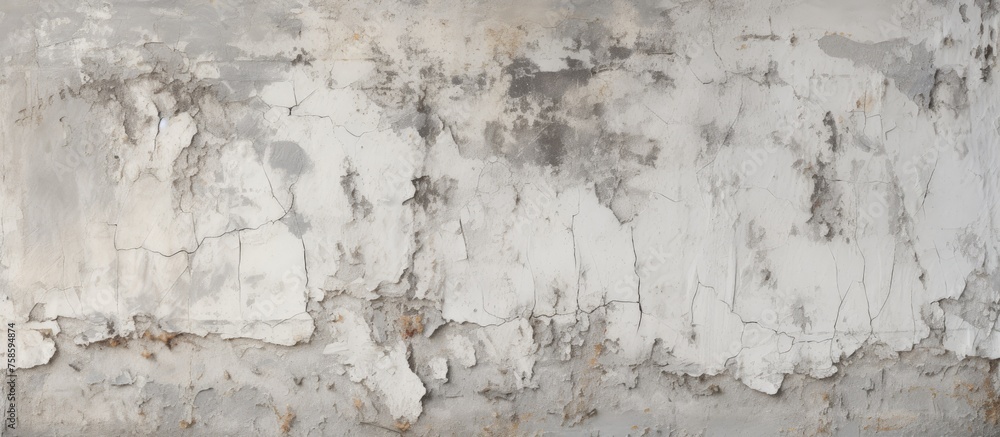 Poster a detailed view of a weathered concrete wall with flaking paint, showcasing the intricate patterns a