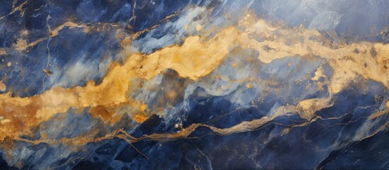 A detailed shot capturing the intricate patterns of a blue and gold marble texture, resembling the swirling clouds in the sky or the waves in a mountainous landscape - obrazy, fototapety, plakaty