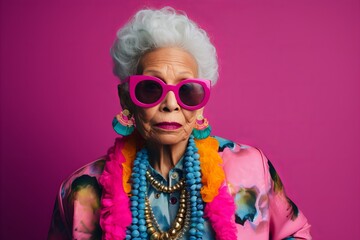 Portrait of an elderly woman in sunglasses on a pink background.