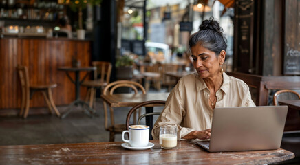 Professional elderly Indian woman with laptop in a modern cafe. Concept to demonstrate active interaction of elderly people with technology and neural networks for work and social connection.