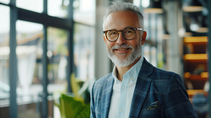 Smiling confident mature businessman looking at camera standing in office. Elegant stylish corporate leader successful ceo executive manager wearing glasses - obrazy, fototapety, plakaty