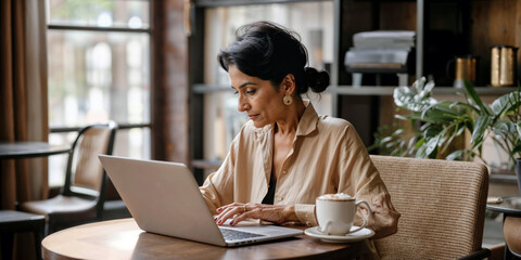 Professional elderly Indian woman with laptop in a modern cafe. Concept to demonstrate active interaction of elderly people with technology and neural networks for work and social connection. - obrazy, fototapety, plakaty