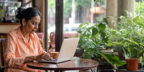Professional elderly Indian woman with laptop in a modern cafe. Concept to demonstrate active interaction of elderly people with technology and neural networks for work and social connection. - obrazy, fototapety, plakaty