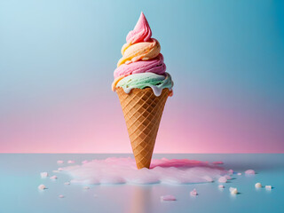 Colorful Ice Cream Cone on a Vibrant Background. Multicolor Ice Cream Cone on Blue and Pink isolated background and ice on the floor