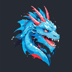 Fierce blue dragon head illustration with sharp teeth and horns.