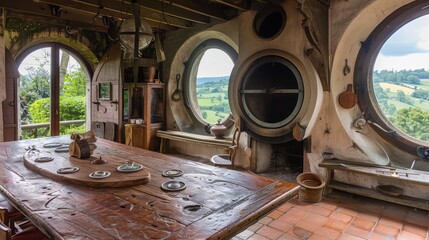 Rustic Kitchen Interior With Wood Cabinetry and Round Windows in Daylight. Interior of a rustic wooden house with mountain views. Round window in the kitchen