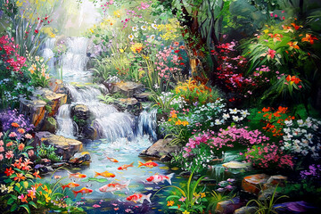 Landscape with waterfall and fish, spring flowers. Painting of summer. - obrazy, fototapety, plakaty