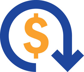 Art & Illustration ,dollar decrease icon. Money symbol with arrow stretching rising drop fall down. Business cost reduction icon. vector illustration.