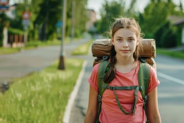 Child girl in a pink T-shirt with a tourist backpack. Trip, travel, school excursion.