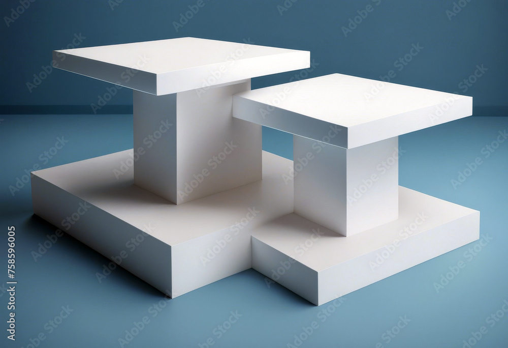 Poster 3d two podiums white background render square blue poduim three-dimensional abstract advertising bac