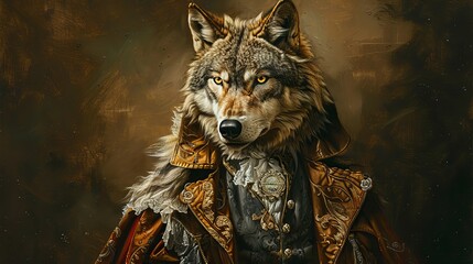 Oil painting of a baroque steampunk wolf in high gothic clothes on a dark brown background. - obrazy, fototapety, plakaty