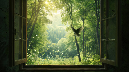 A bird soars out of a window against a forest backdrop, capturing the surreal essence of freedom and nature. 🕊️🌳✨
