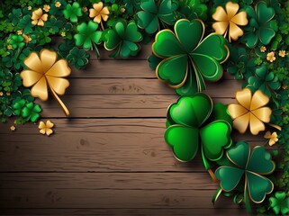 Clover Quartet on Wooden Planks, Classic Green and Gold, Traditional Style, Suitable for St. Patrick's Day Menu Background or Greeting Card Design