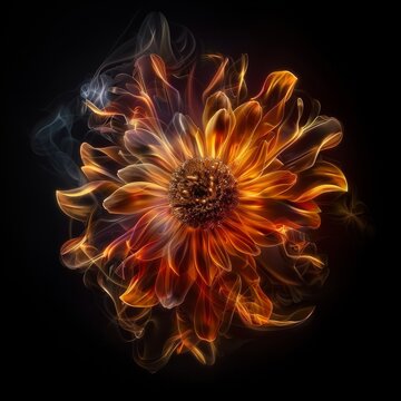 Aster Made of Flames and Fire, Isolated on Black. An Illustration made in part with  Generative AI.
