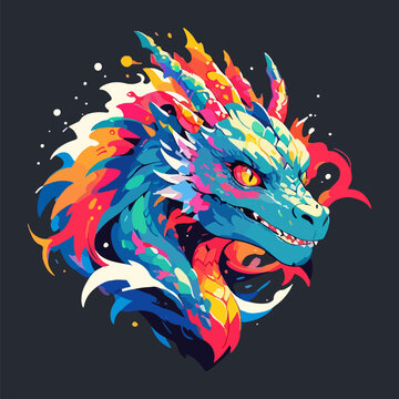 Vibrant illustration of a dragon head with colorful scales and sharp teeth.