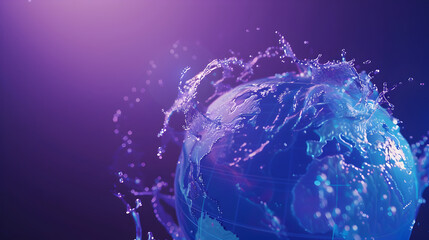 A partially transparent globe with animated water and energy cycles, with a tech grid overlay, against a deep purple background.
