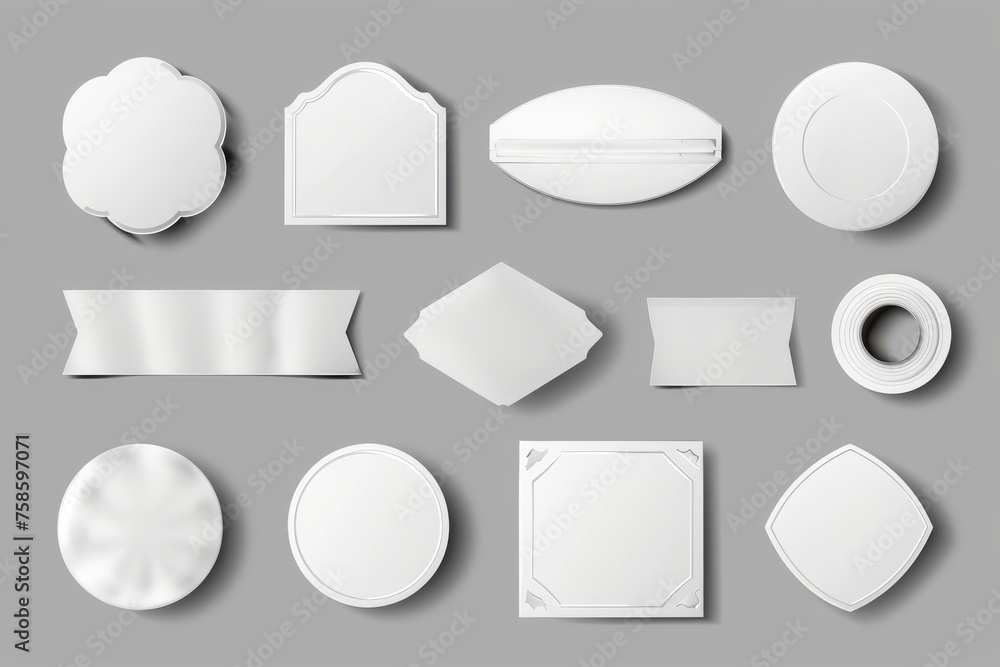 Poster white stickers and glued paper patches with wrinkles. modern realistic set of blank round and rectan