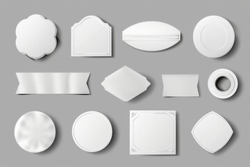 White stickers and glued paper patches with wrinkles. Modern realistic set of blank round and rectangular sticky tags and labels with folds isolated on gray. - obrazy, fototapety, plakaty