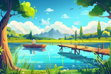 Foto op Canvas Various summer landscapes with rivers, sea bays, ponds, wharves, piers and fishermen with fishing rods in boats. Modern cartoon illustration. © Mark