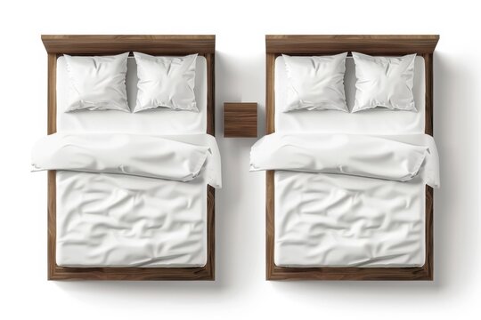 Mockup Of Two Single Beds With White Sheets, Pillows And Duvets. Modern Realistic Mockup Of 3D Furniture For Sleep Isolated On A White Background.