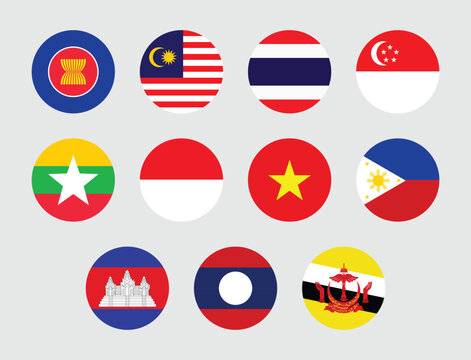 Association of Southeast Asian Nations all members Flags design. Collection of ASEAN Country Round Flags.
