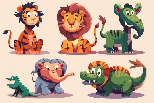 Animated wild animals tiger, monkey, zebra, and lion with elephants and crocodiles. Predators and herbivores in jungle. Innovative modern illustrations set.
