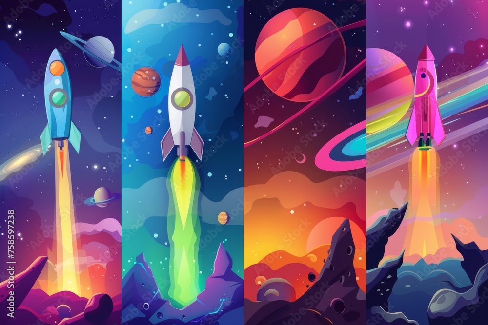 Poster set of space exploration game banner design templates with space for text. modern illustration of as