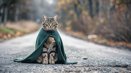 A cat in a green cape is sitting on road