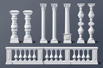 3D white stone or marble balustrades with pillars, columns, balusters, and handrails, along with modern set of a classic roman or greek style fence for a balcony, terrace, or staircase.