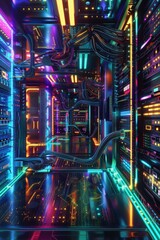 An abstract, high-tech server room photo background, filled with numerous notification lights and colorful lamps. 🖥️✨🌈