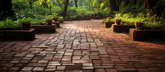 Obraz premium A brick walkway winding through a lush forest biome, surrounded by terrestrial plants and trees. The contrast of manmade road surface against natural grass and wood creates a beautiful landscape